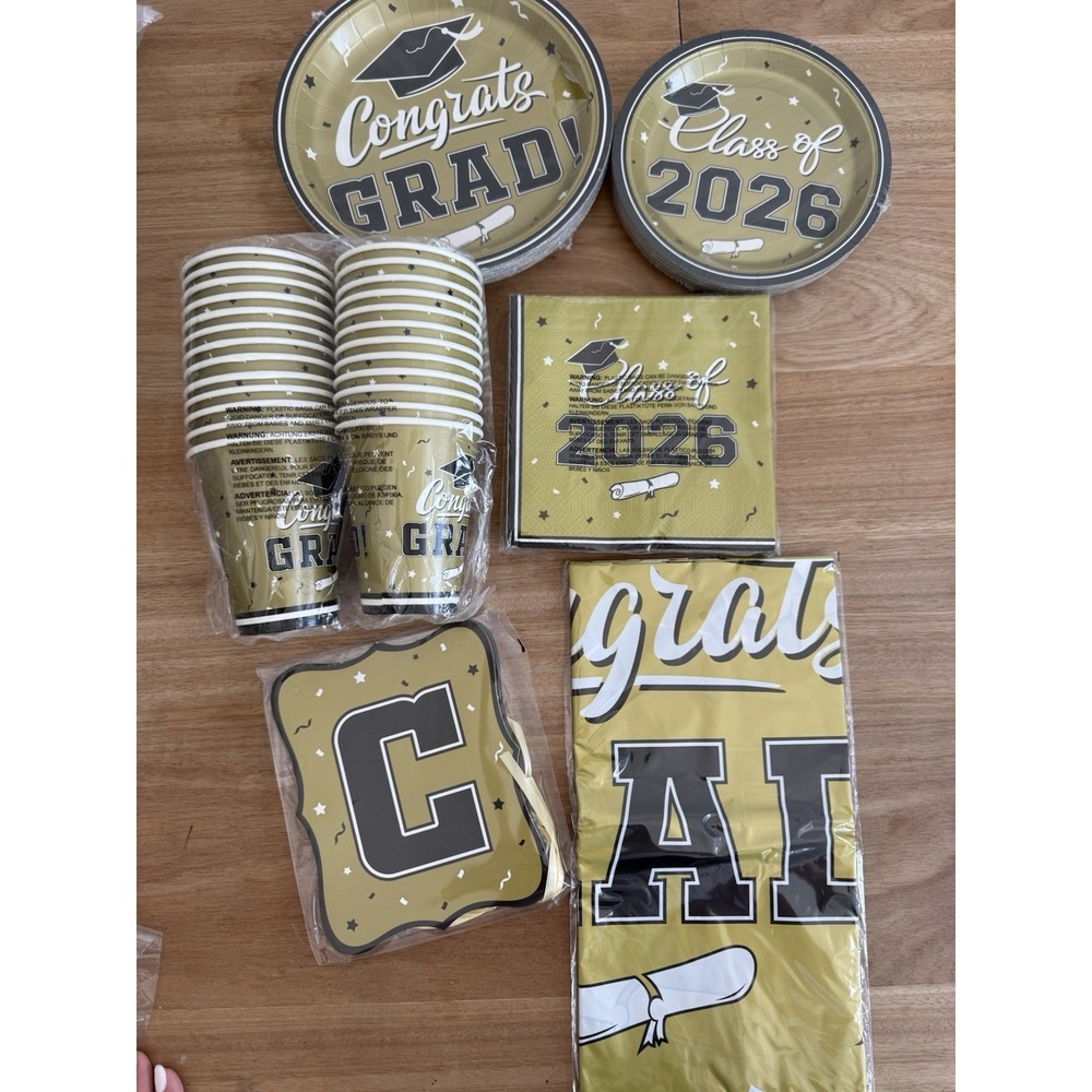 Graduation Party Supplies Gold Black Class of 2026 Bundle Plates Cups Banner 25